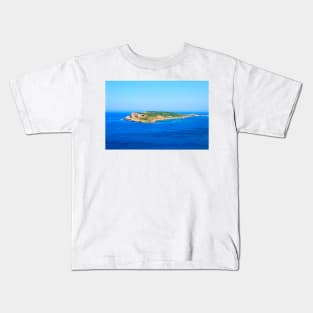 View from Tremiti Islands at a green-topped island, motorboats, Adriatic Sea Kids T-Shirt